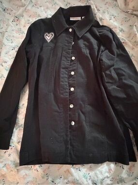 Quacker Factory Black Twill Jacket - Embroidered Heart & Rhinestones - XS